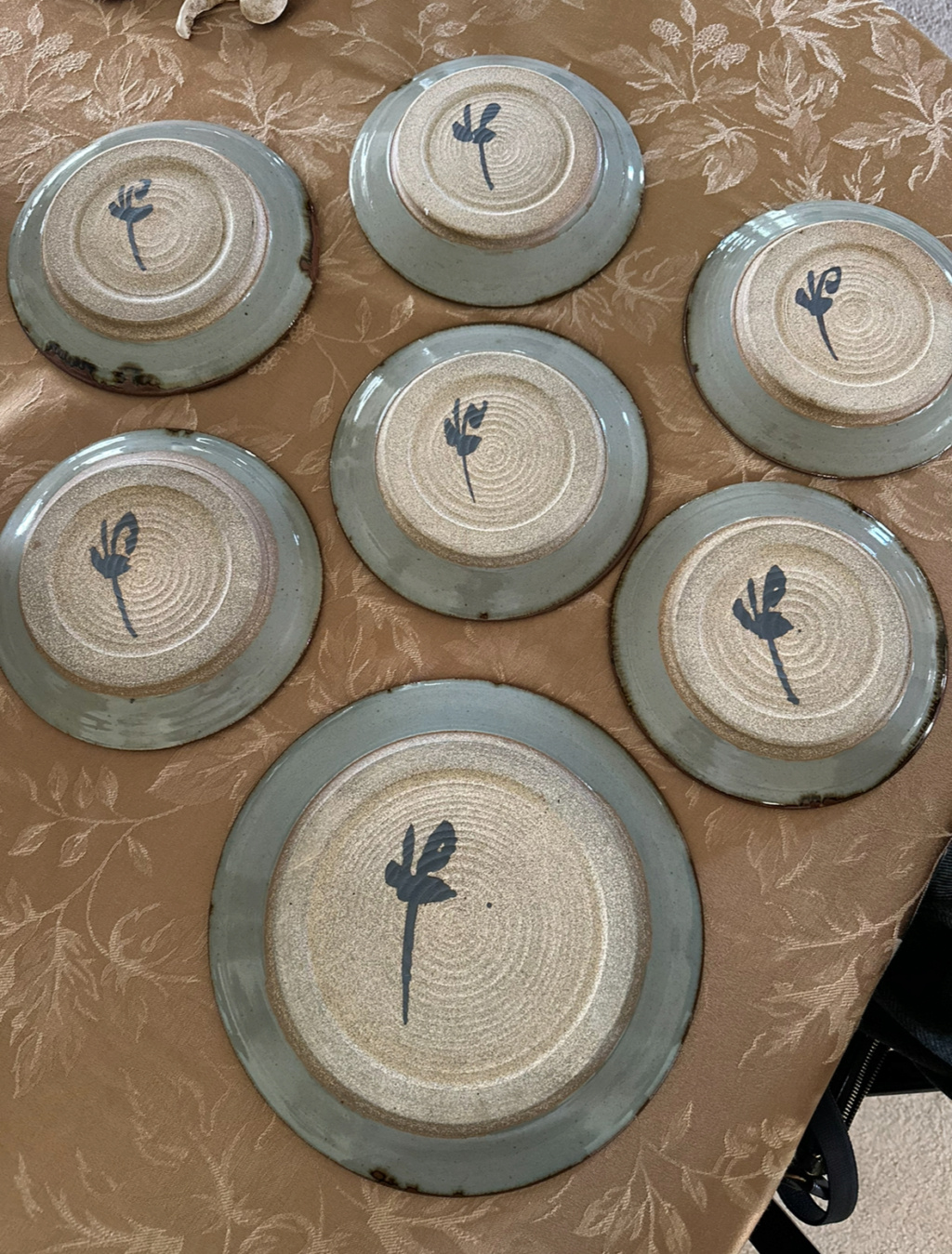 Set of wheel thrown dessert plates and one dinner plate - JF mark?  Img_9820
