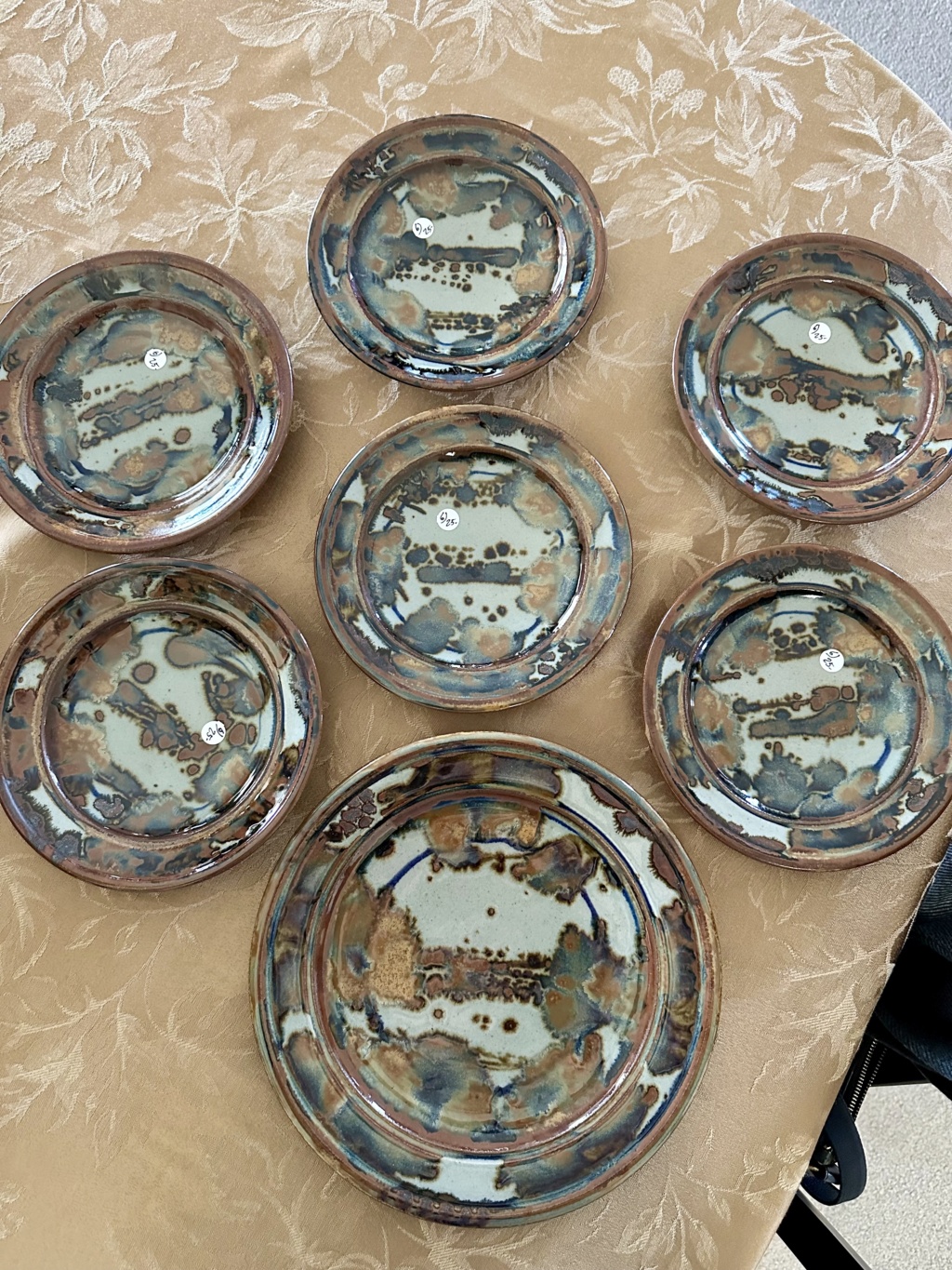 Set of wheel thrown dessert plates and one dinner plate - JF mark?  Img_9821