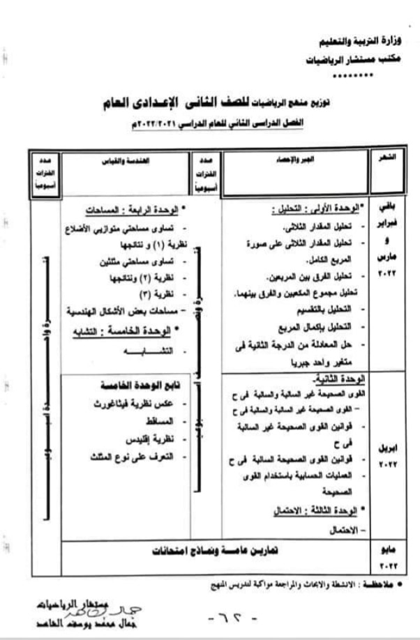 توزيع مناهج كل فرق إعدادى رياضيات   2022 24329010