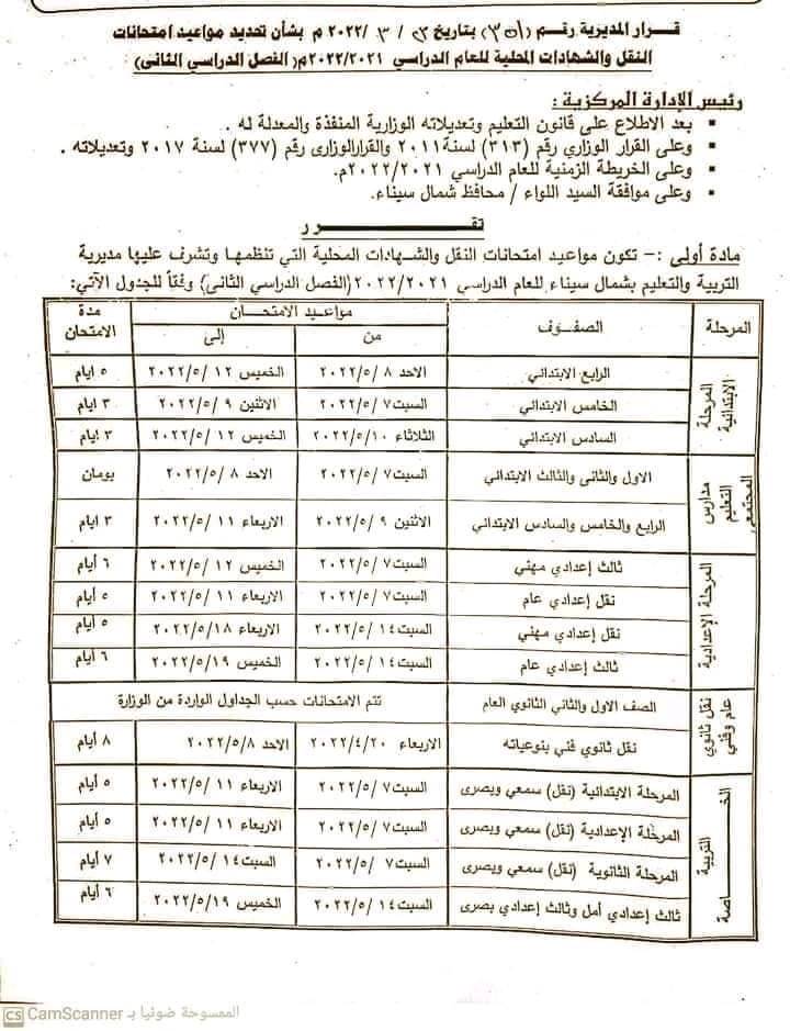 جدول مواعيد امتحانات شمال سيناء ترم ثانى ٢٠٢٢ 27710910