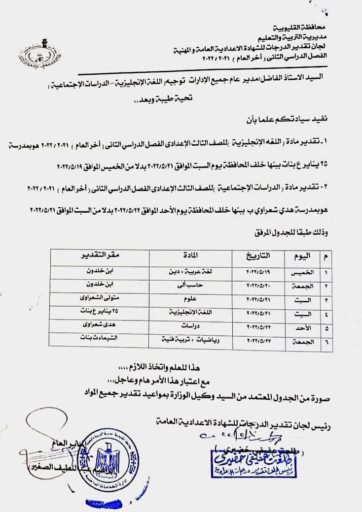 مواعيد تصحيح امتحانات الشهادة الإعدادية ترم ثاني 2022 28115910