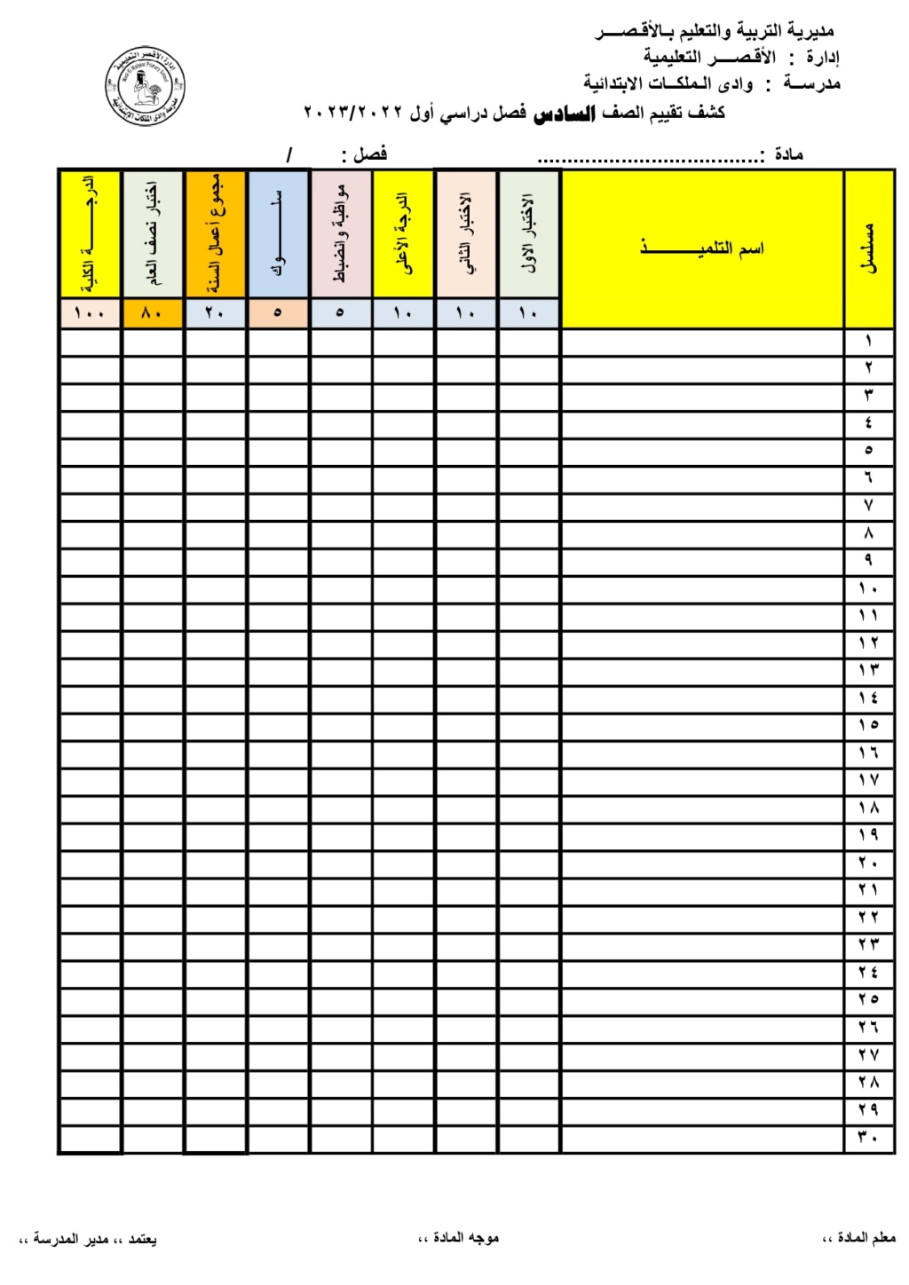 كشوف تقييمات المرحلة الابتدائية للعام 2023/2022 31111410