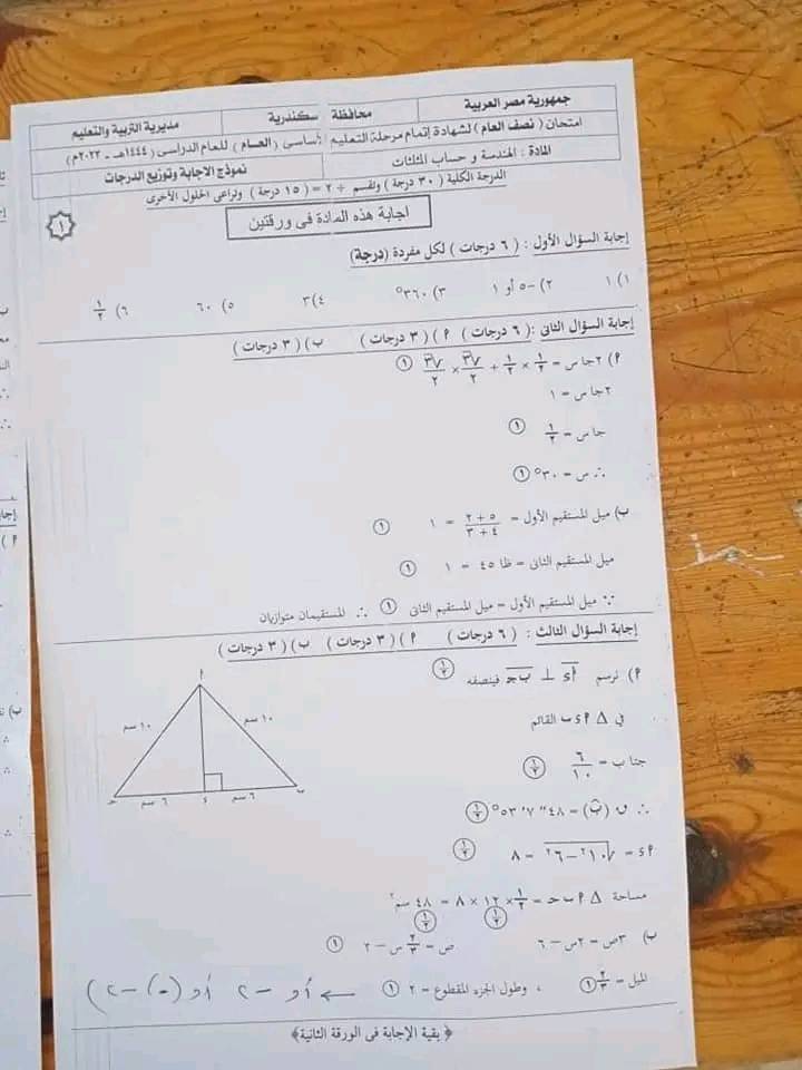 نموذج الاجابه الرسمى الهندسة و الجبر  محافظة الاسكندريه للشهادة الإعدادية ترم أول2023 32733210