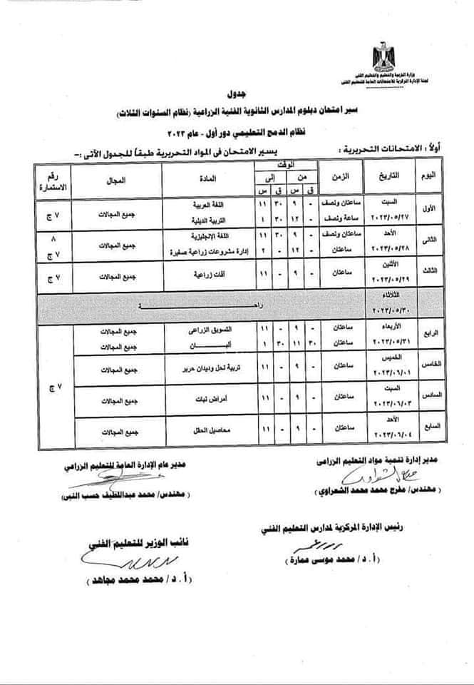 جداول امتحانات الدبلوم الفني الزراعي    2023  33147010