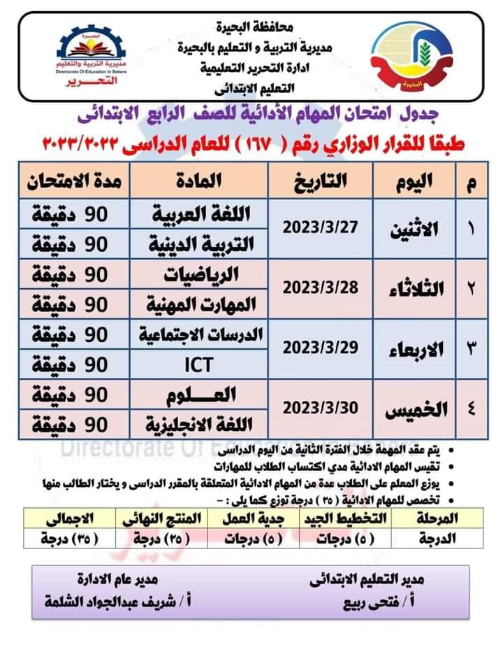 جداول امتحانات المهام الأدائية للصفين الرابع و الخامس الإبتدائي  لكل ترم ثاني 2023 متجدد 33531310