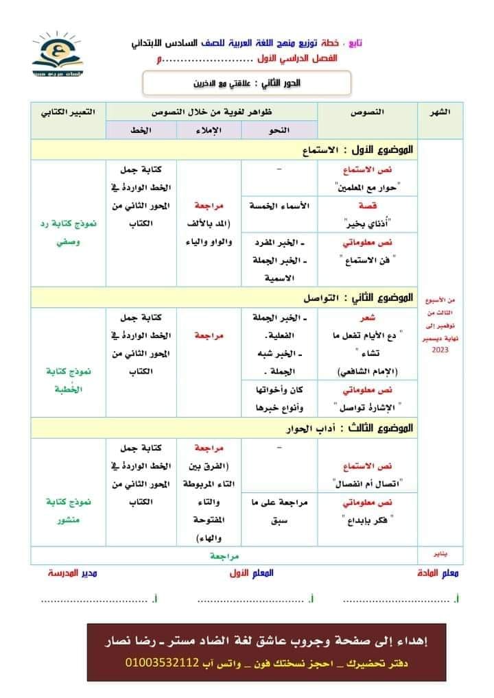  	توزيع منهج التربية اللغة العربية الفصل الدراسي الأول للصف السادس الإبتدائي 2023-2024 37684710