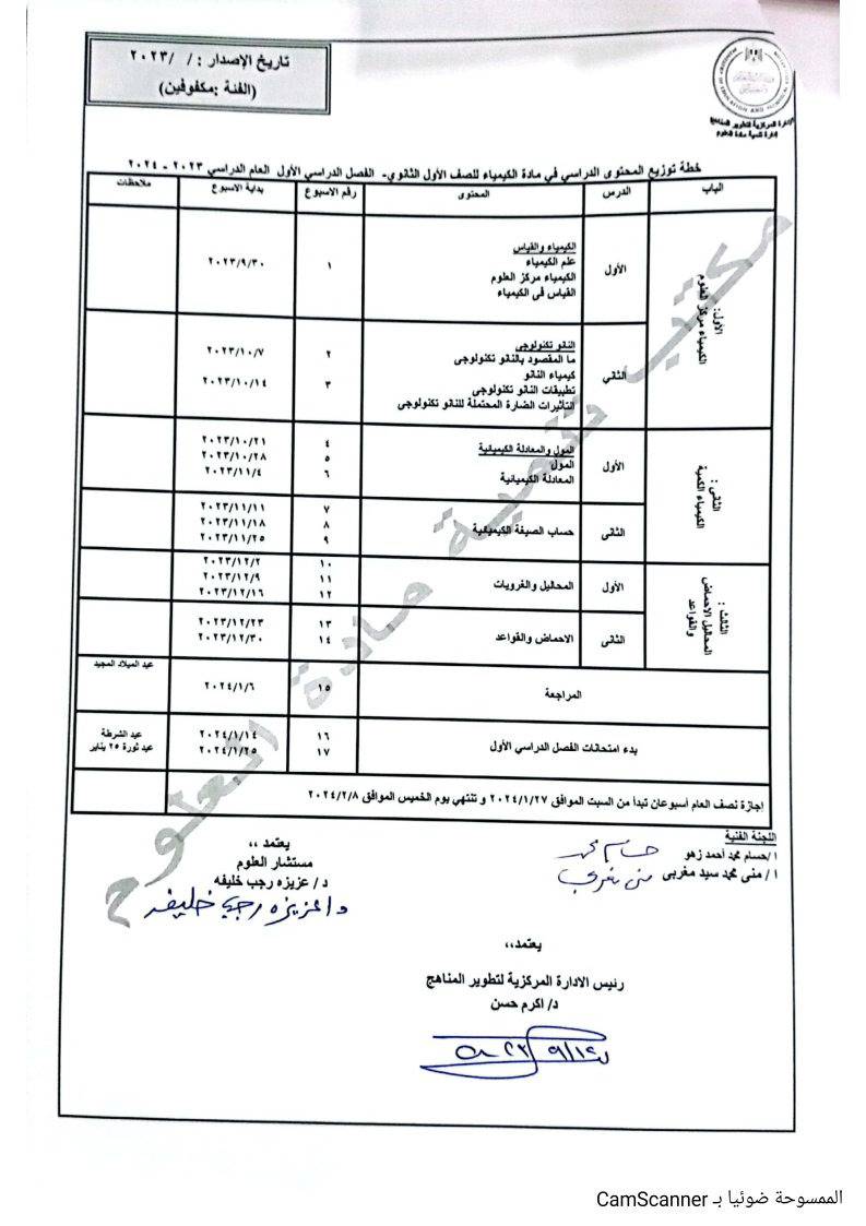 توزيع منهج الكيمياء  لكل فرق ثانوي 2023-2024 38059810