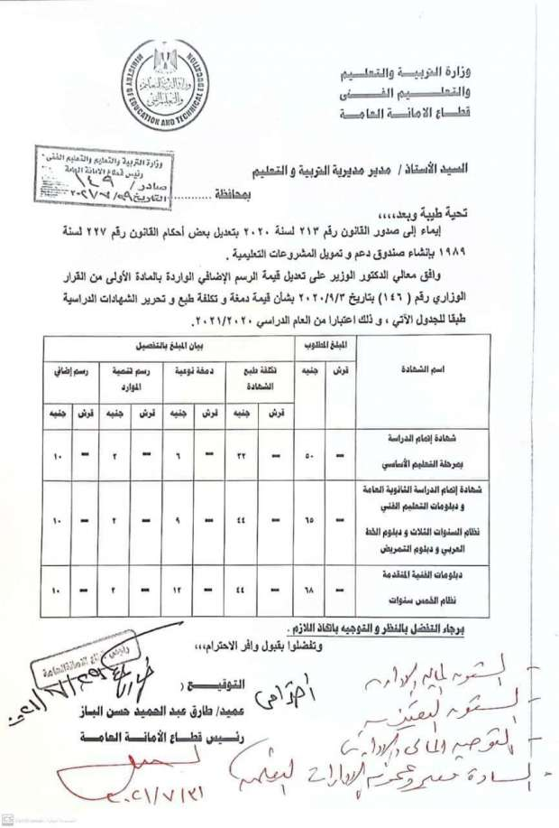 رسوم طبع وتحرير الشهادات الدراسية لطلاب المدارس بعد التعديل 4280_210