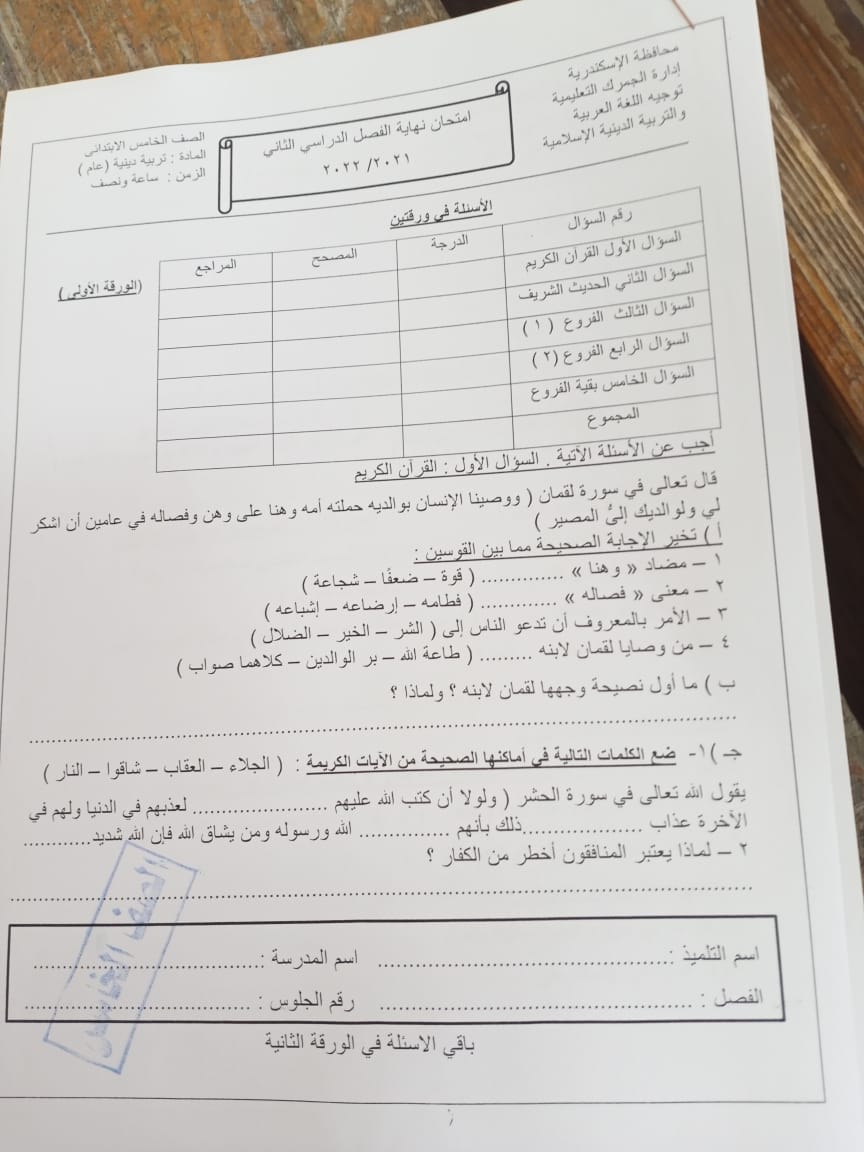 امتحان التربية الاسلامية للصف الخامس ترم ثاني 2022 ادارة الجمرك التعليمية بالاسكندرية 881910