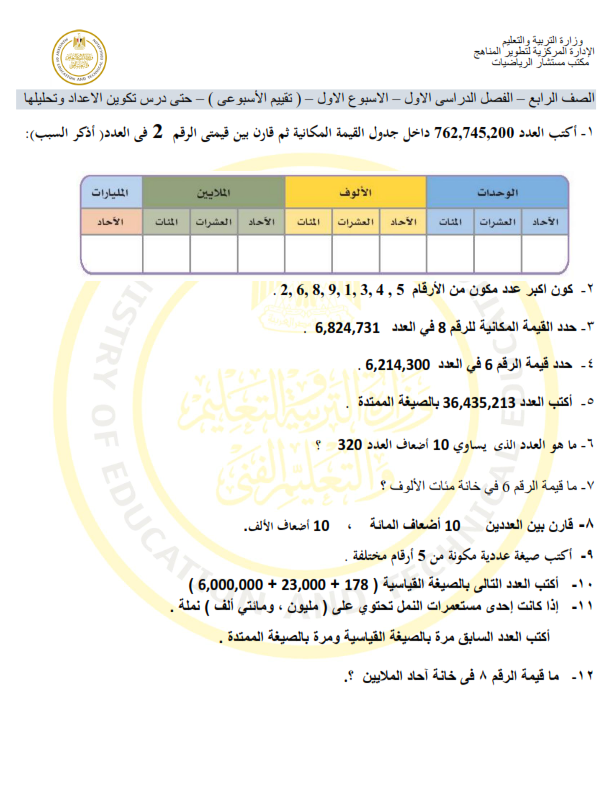 تجميع تقييمات الوزارة للصف الرابع  الإبتدائي رياضيات" خمس تقييمات في ملف واحد بي دي إف مع هامة لصباغة امتحان شهر أكتوبر بواسطة معلم الفصل Aao_ai19