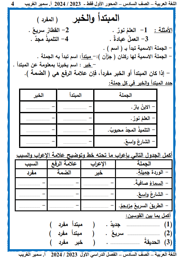مذكرة المحور الأول لغة عربية   للصف السادس الإبتدائي  ترم أول 2024   أستاذ  / سمير الغريب Aao_ao39