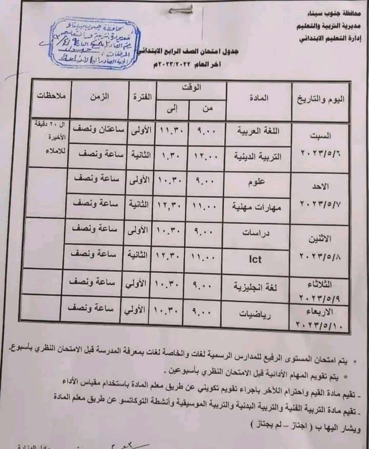 جداول امتحانات جنوب سيناء  أخر العام 2023 كل الفرق Ao28