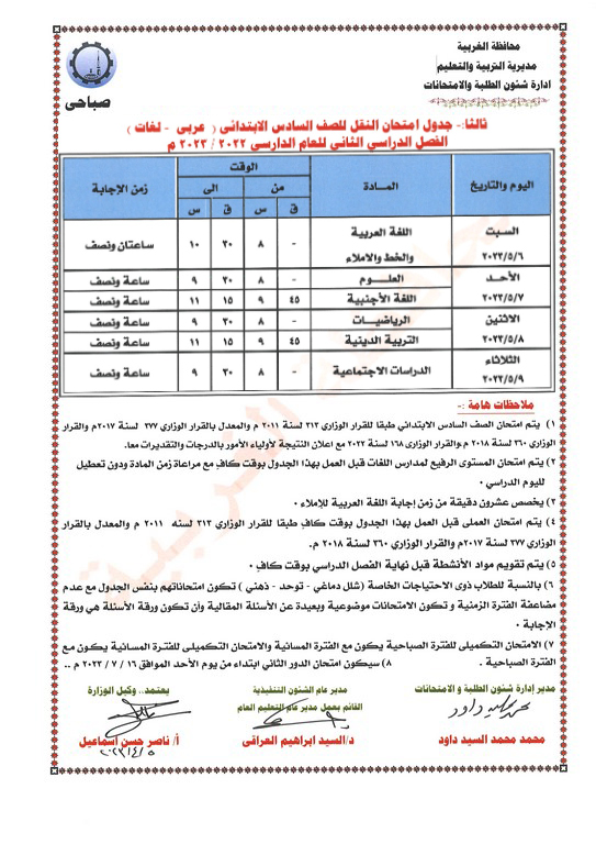 جدول امتحانات الصف السادس الإبتدائي  ترم ثاني 2023 محافظة الغربية C21