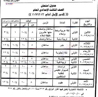 جدول امتحانات الصف الثالث الإعدادي ترم ثاني 2023 محافظة الوادى الجديد Oao_35