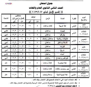 جدول امتحانات الصف الثاني  الثانوي ترم ثاني 2023 محافظة الوادى الجديد Oao_oa12