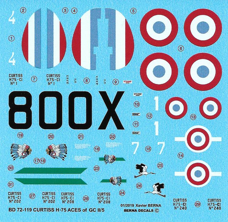 Décal Curtiss H-75 aces GC II/5 - Berna BD 72119 / 48144 / 32057 Ber72115