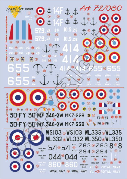  [Model Art] Décals Vought Corsair AU-1 & F4U-7 / Gloster Meteor - 72/080 Ma728010