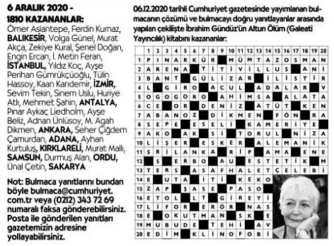 20 ARALIK 2019 CUMHURİYET PAZAR BULMACASI SAYI : 1812  Da043710