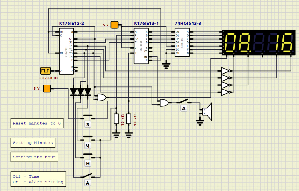 A clock with an alarm clock on Soviet K176 series chips