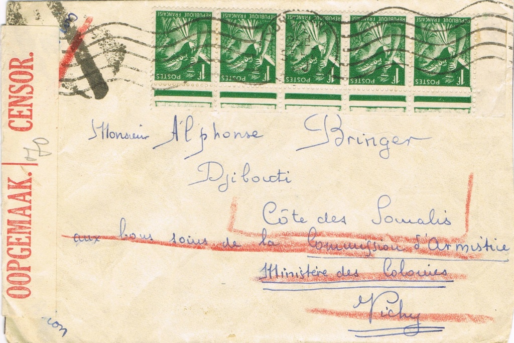 Lettre de 1940 de Lyon pour Djibouti arrivée en 1941 Ccf22010