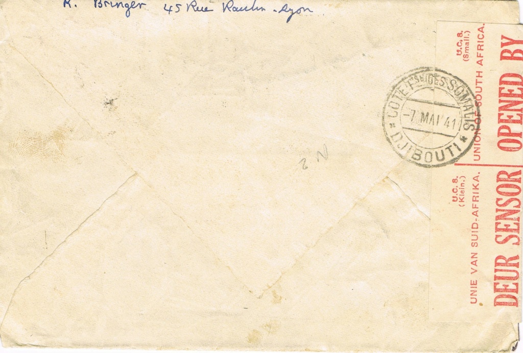 Lettre de 1940 de Lyon pour Djibouti arrivée en 1941 Ccf22011