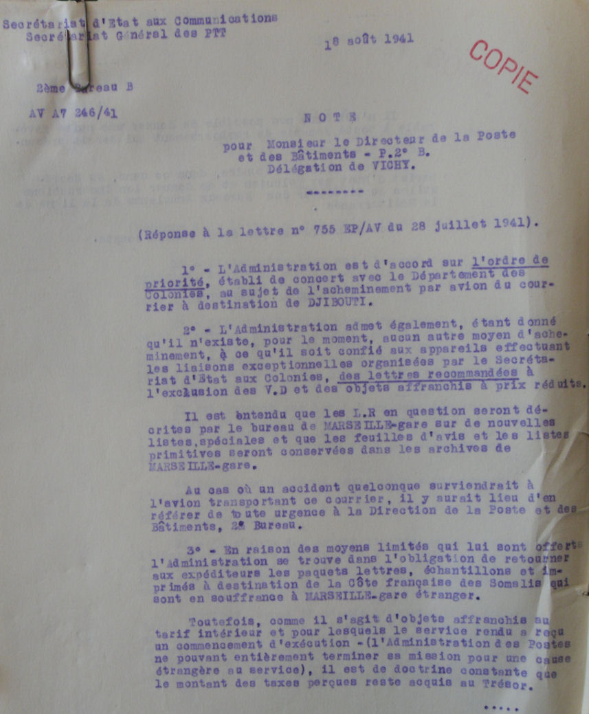 Lettre de 1940 de Lyon pour Djibouti arrivée en 1941 Note_112