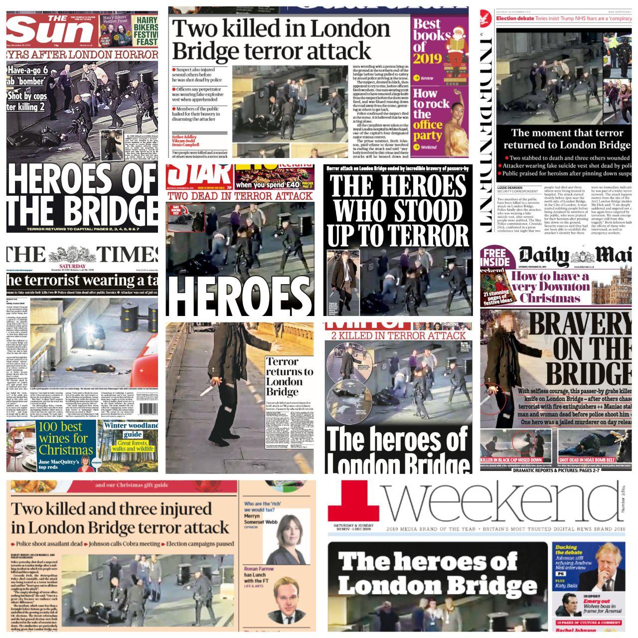 Абсолютно все новостные британские издания вышли с заголовками о героизме простых жителей Лондона, которые не побоялись дать отпор вооруженному террористу в ходе инцидента на мосту 29 ноября. Phot1185