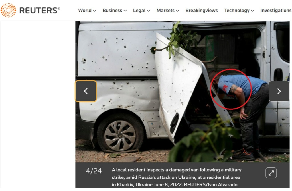 Reuters: "Местный житель осматривает фургон, повреждённый в результате российского удара, Харьков, 8 июня 2022 г." Phot1599