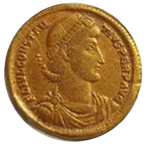 Sólido de Constancio II. GLORIA – REI – PVBLICAE. Roma y Constantinopolis entronizadas de frente. Antioch, 9a10
