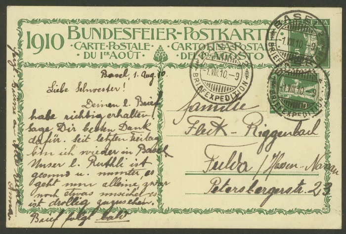 zumstein - Bundesfeier-Ganzsachenpostkarten - Zumstein BuP 1910_o10