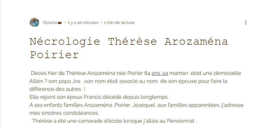 NÉCROLOGIE THÉRÉSE POIRIER - AROZAMÉNA 114