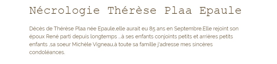 NÉCROLOGIE THÉRÉSE ÉPAULE - PLAA 116