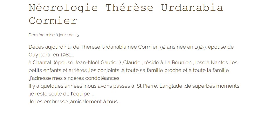 NÉCROLOGIE THÉRÉSE CORMIER - URDANABIA 1713