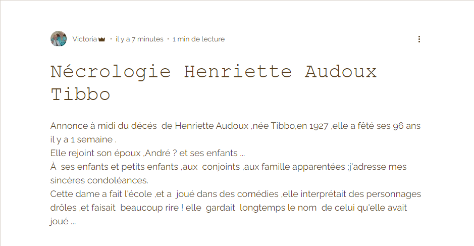 NÉCROLOGIE HENRIETTE TIBBO ÉPOUSE Feu ANDRÉ AUDOUX 436