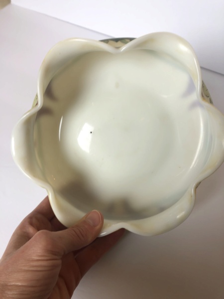 Art Nouveau fluted rim bowl dish with design painted over pontil mark Img_0210