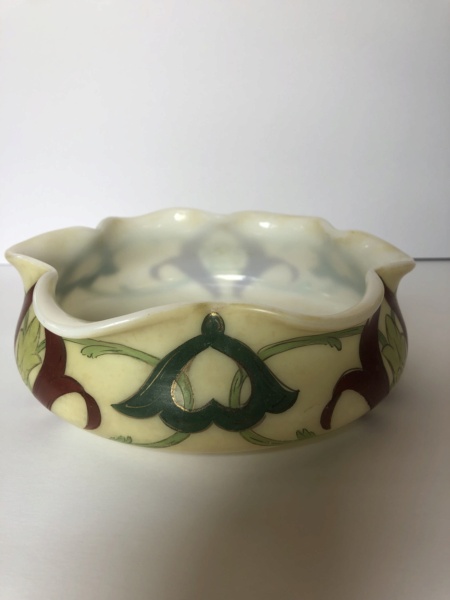 Art Nouveau fluted rim bowl dish with design painted over pontil mark Img_0211