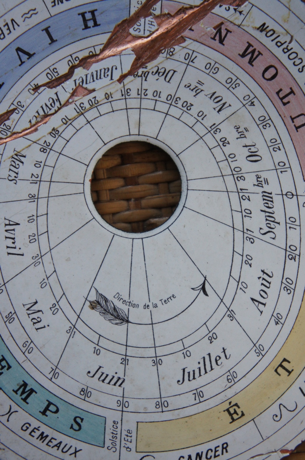 Curieux cadran en cuivre émaillé avec points cardinaux et saisons. Dsc01819