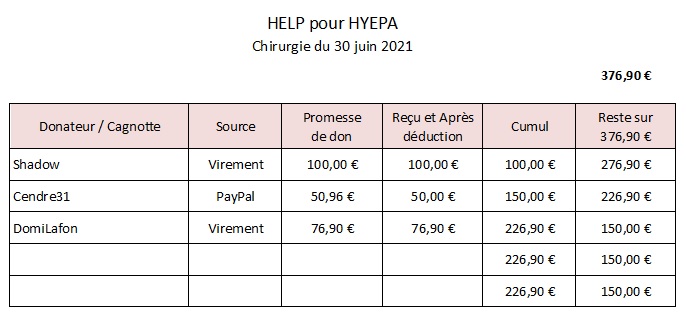 HYEPA - Opérée en urgence ! Besoin d'aide - 376.90 € reçus / 376.90 € nécessaires - Appel terminé  Hyepa210
