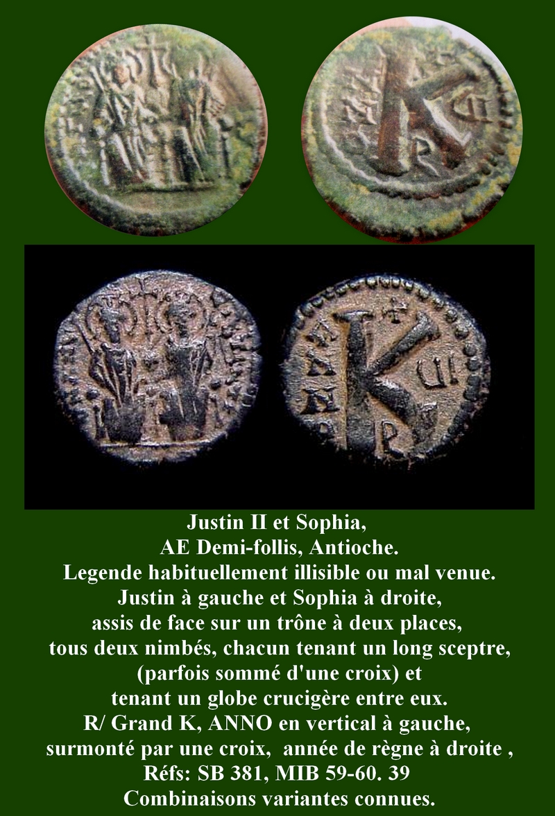 Demi-follis byzantin d'Antioche pour Justin II et Sophia ... George13