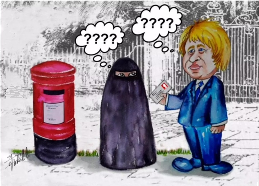 كاريكاتير سخرية بوريس جونسون وزير الخارجة السابق بعد ما شبه النساء المنقبات بصناديق البريد  14210