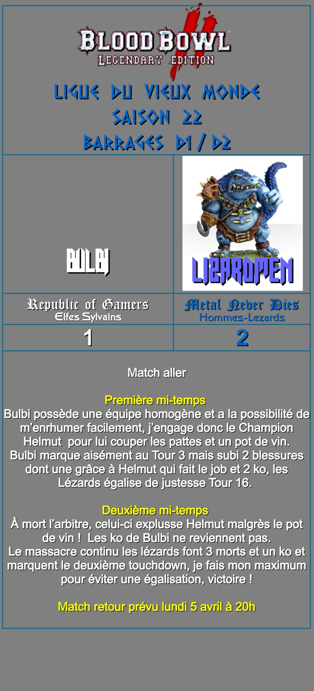 Barrages Saison 22 . Bulbi vs Lizardmen Lizard38