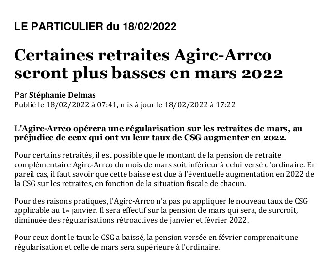 Baisse de certaines retraites Agirc-Arrco en mars Agirc11
