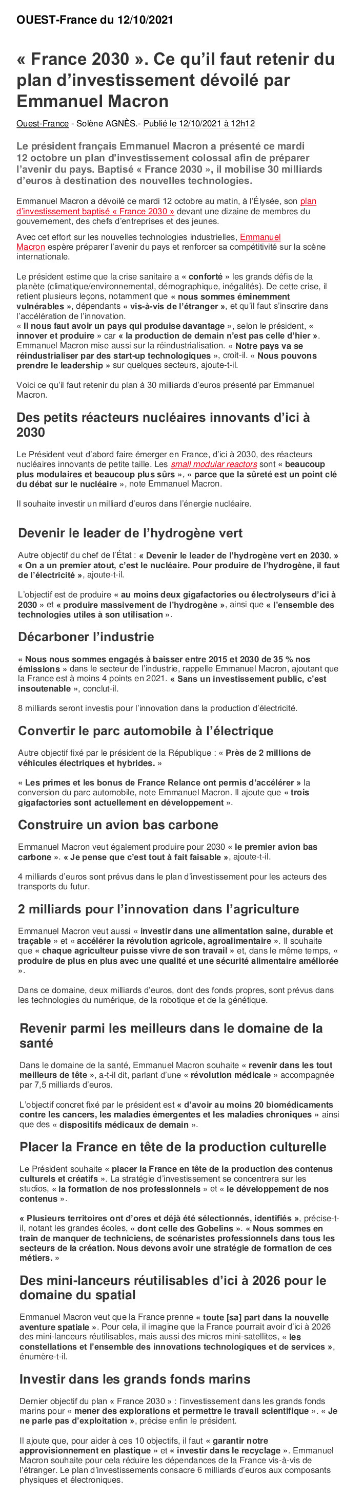 Plan d'investissement "France 2030"  Macron10