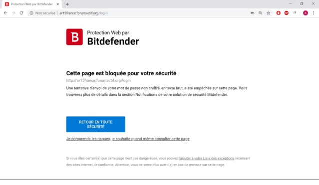message d'alerte de pishing lors de connexion à AR15 france Bitdef10