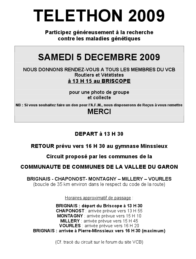 TELETHON le Samedi 5 Décembre avec le  VCB  - sortie commune Route/VTT avec Marc Affich10