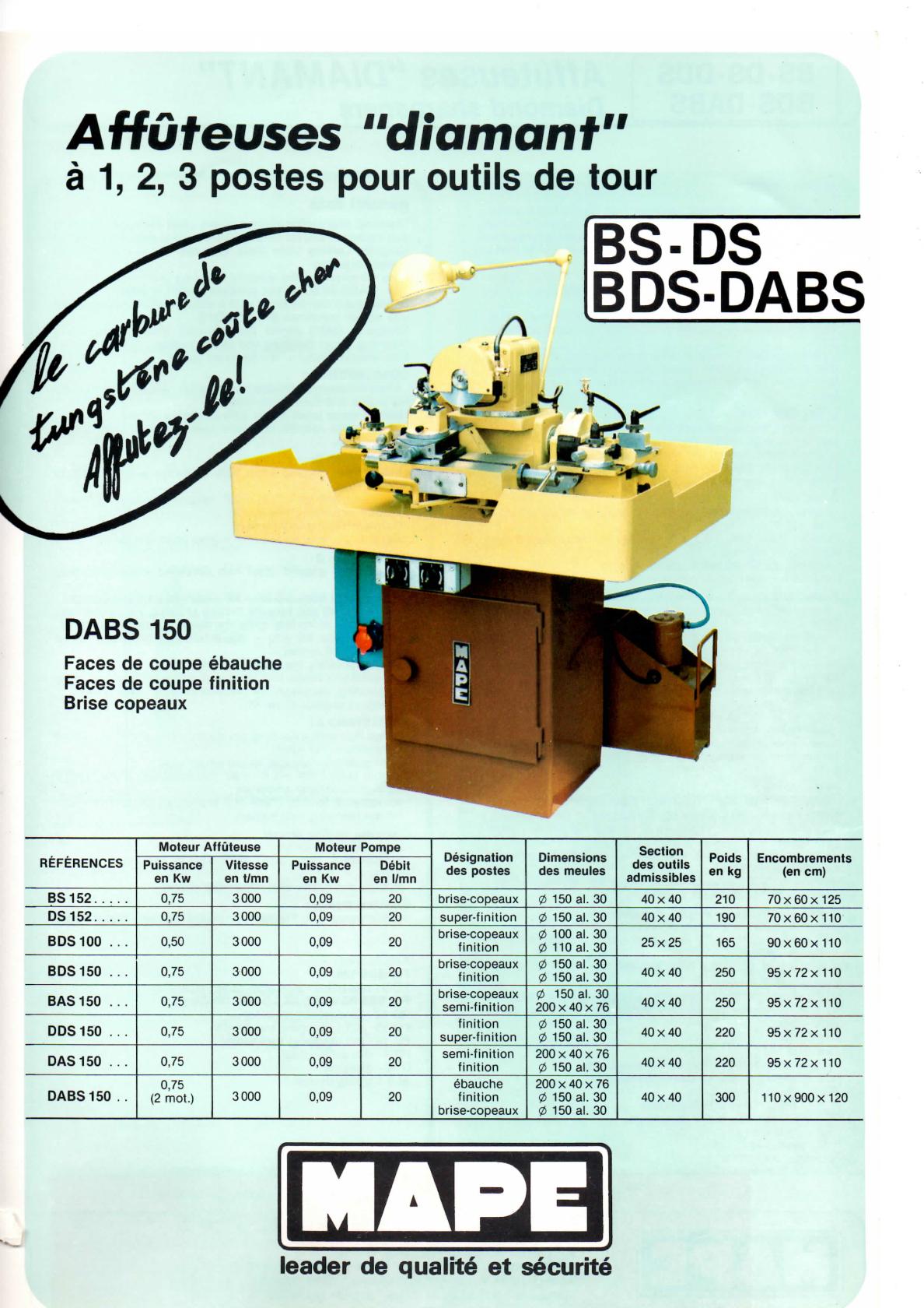 MAPE BDS 150 (+ BAS 150 et BS 152) affuteuse a meules diamant Uw171110