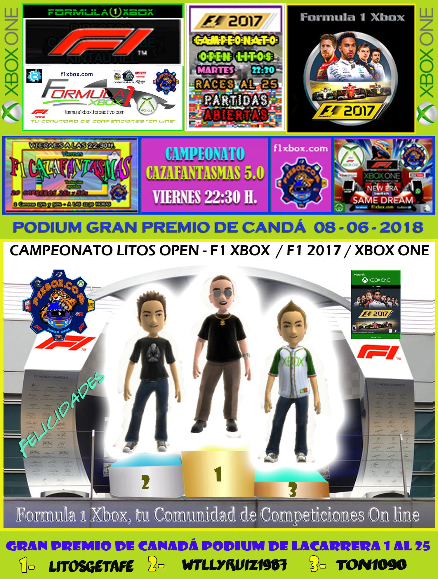 F1 2017 - XBOX ONE  /  CAMPEONATO CAZAFANTASMAS 5.0 - F1 XBOX / RESULTADOS Y PODIUMS DE LAS 2 CARRERAS EN CANADÁ / VIERNES 08-06-2018. Carrer10