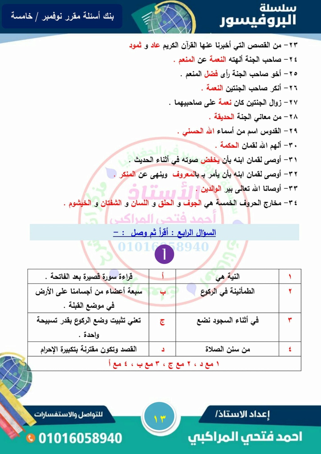 مراجعة البروفيسور في التربية الإسلامية للصف الخامس ترم أول شهر نوفمبر 13_img22