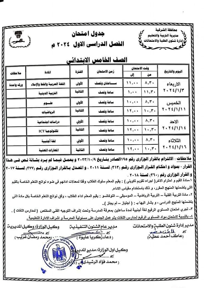 جداول امتحانات الترم الاول 2024 لصفوف ابتدائي واعدادي محافظة الشرقية بعد التعديل 2195