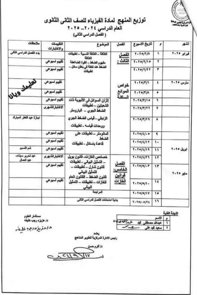 توزيع منهج الفيزياء تانية ثانوي 2025 2_webp15